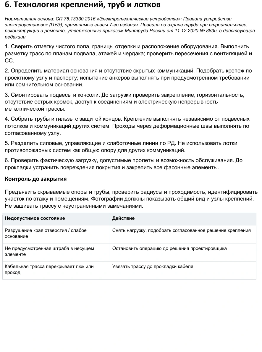 Технология монтажа и таблица контроля